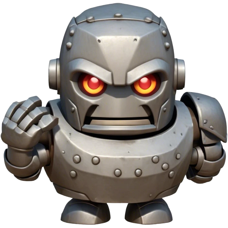 Cinematic Comical Mighty Iron Golem Portrait Emoji Head tilted dramatically with an exaggeratedly amused expression, featuring a bulky, armored form with a slightly lopsided stance, ancient runes flickering erratically, and one massive, jointed hand raised in a slow, deliberate wave. Wide, expressive glowing eyes give it an almost humorous, puzzled look, as if it’s contemplating something far beyond mortal understanding. Rendered with detailed metallic textures and deep, dynamic lighting, high shine, dramatic yet whimsical, styled with a hint of unexpected charm, soft glowing outline, capturing the essence of an endearing yet colossal guardian that looks ready to crack an impossibly slow, earth-shaking joke! emoji