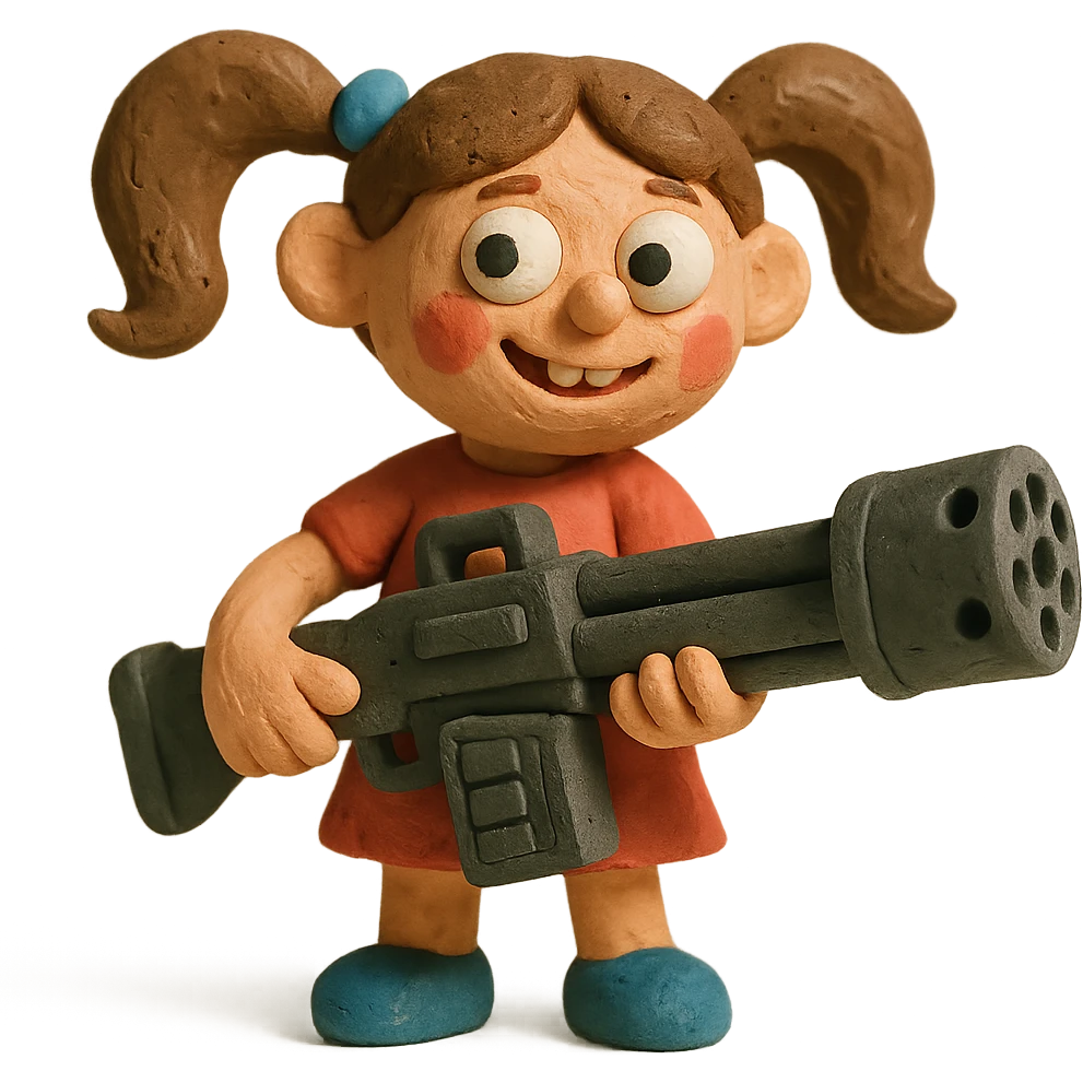 funny, positive stalker girl named Businka with a huge machine gun emoji