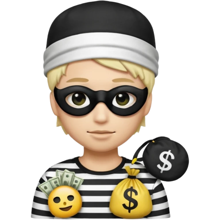 Realistic ios emoji-style portrait of a classic burglar, a black eye mask and a black-and-white striped shirt. emoji-like hair, black hat, a bag of money 💰 with a dollar sign in a right corner, mean expression  emoji