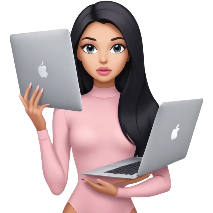 Glamours, tanned, very beautiful girl, with big pump peach-beige-rose lips, long lashes, black straight smooth silky long hair, straight parting hair, blue-grey eyes, in light-pink bodysuit holding MacBook emoji