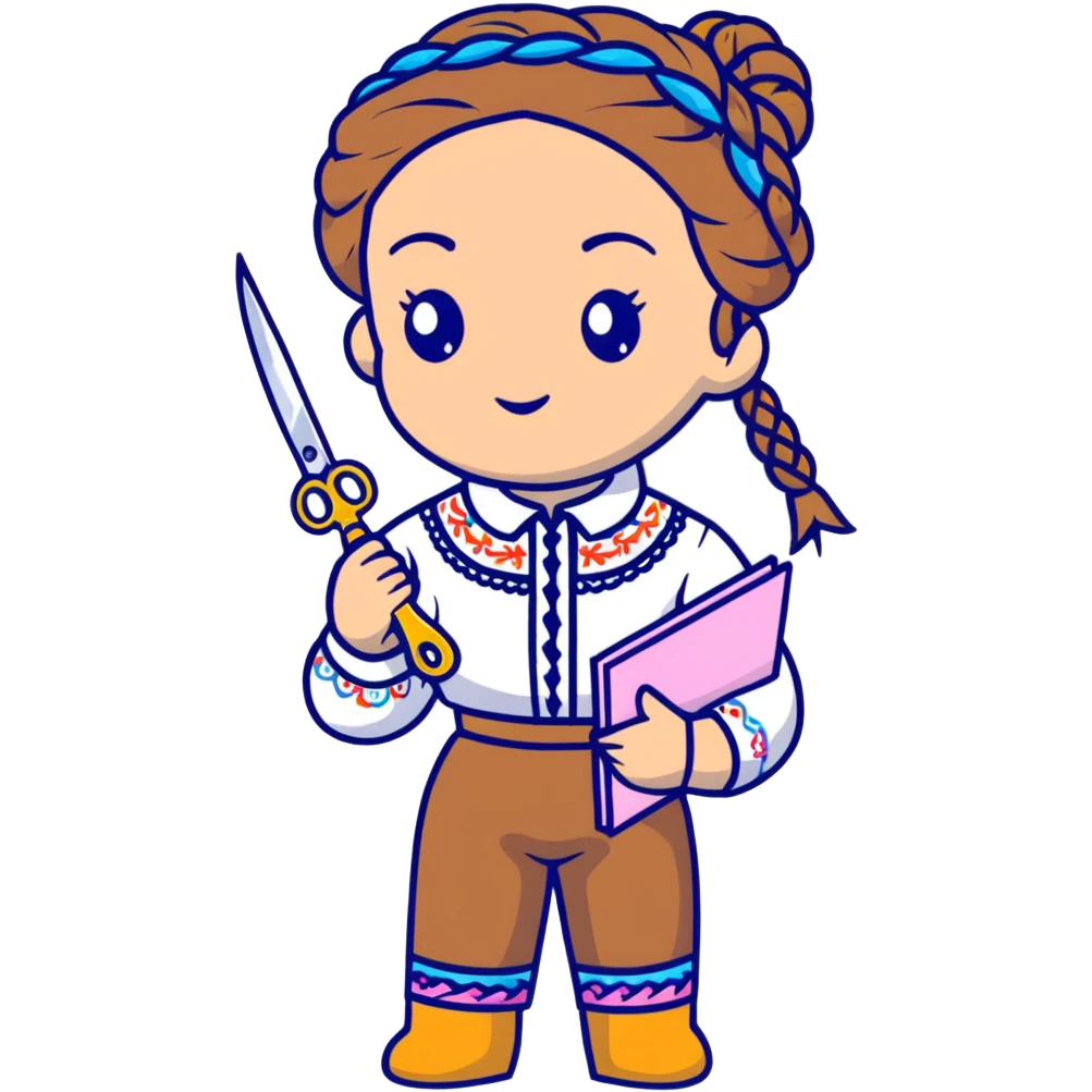 Ukrainian young girl with braided hair wearing a white embroidered traditional shirt (vyshyvanka) holding scissors and colorful craft paper emoji