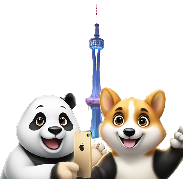 A panda and a corgi are taking a selfie with their iPhones, the faces of the panda and the corgi are facing the camera, and in the background is the 339th TV tower in Chengdu. emoji