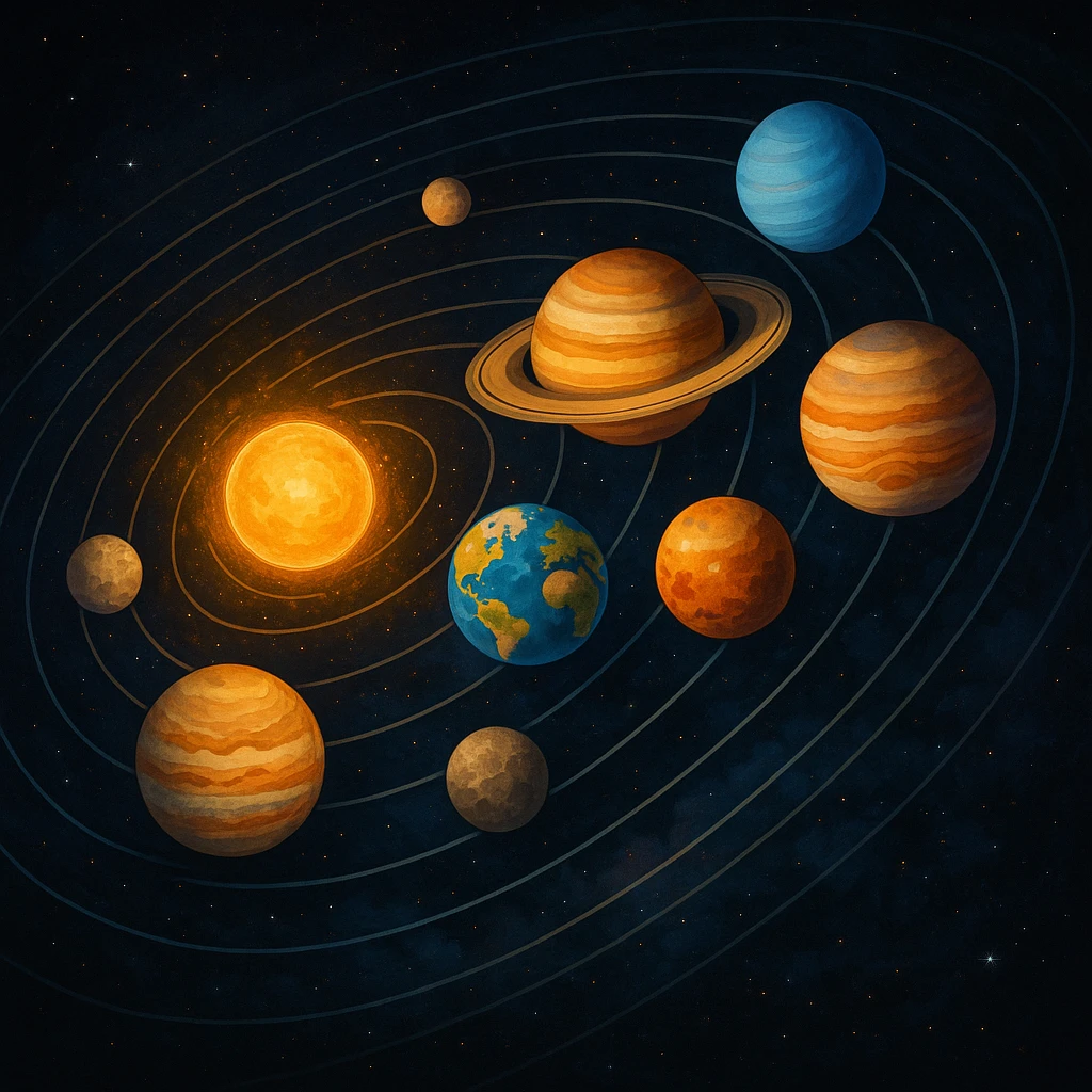 Depict the eight planets of the solar system arranged in orbit with vibrant colors, set against a darker space background. emoji