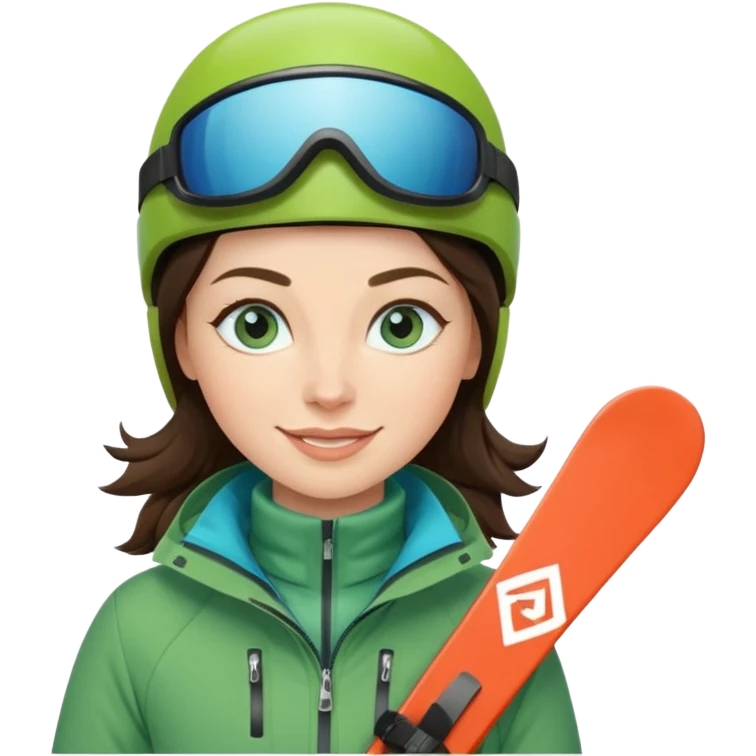 brunette with blue eyes skiing downhill in a green jacket emoji