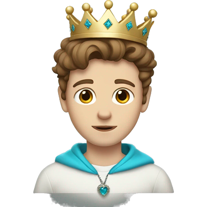 White boy, with brown hair and brown eyes. He wears a white sweatshirt with a cyan heart in the right corner. He has a crooked royal crown.  emoji