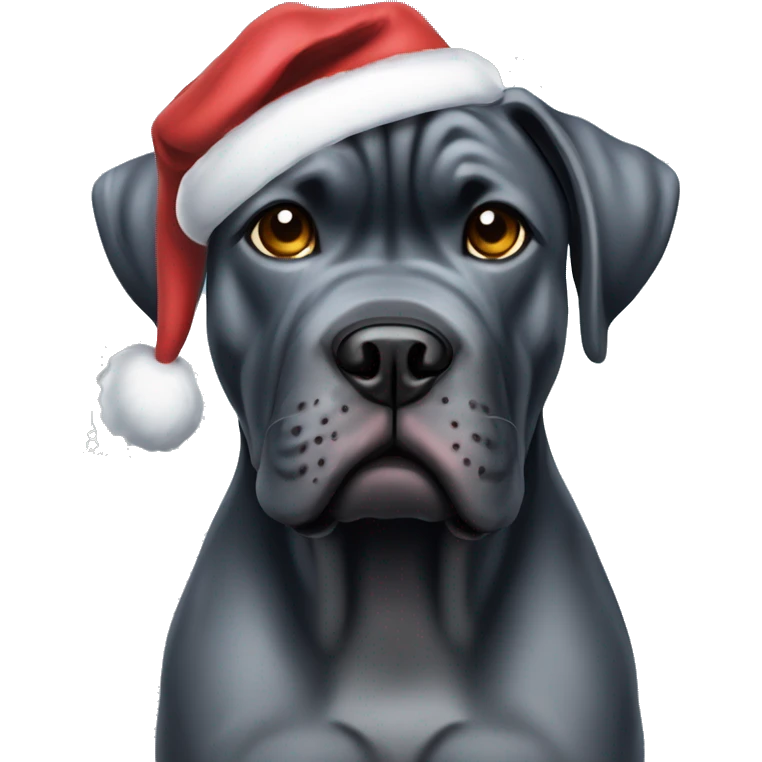 Cane corso blue brindle in a Christmas hat  with blue eyes emoji