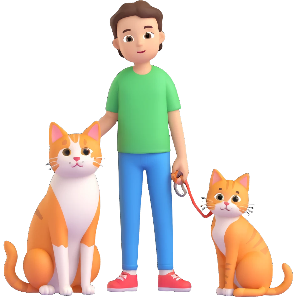 boy and cat pet in forrest background, close up pose emoji