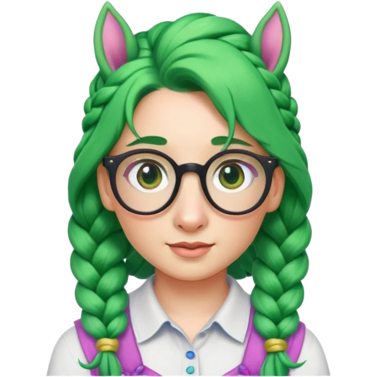 braided unicorn wiith big visible braids looking into the camera spectacled green hair emoji