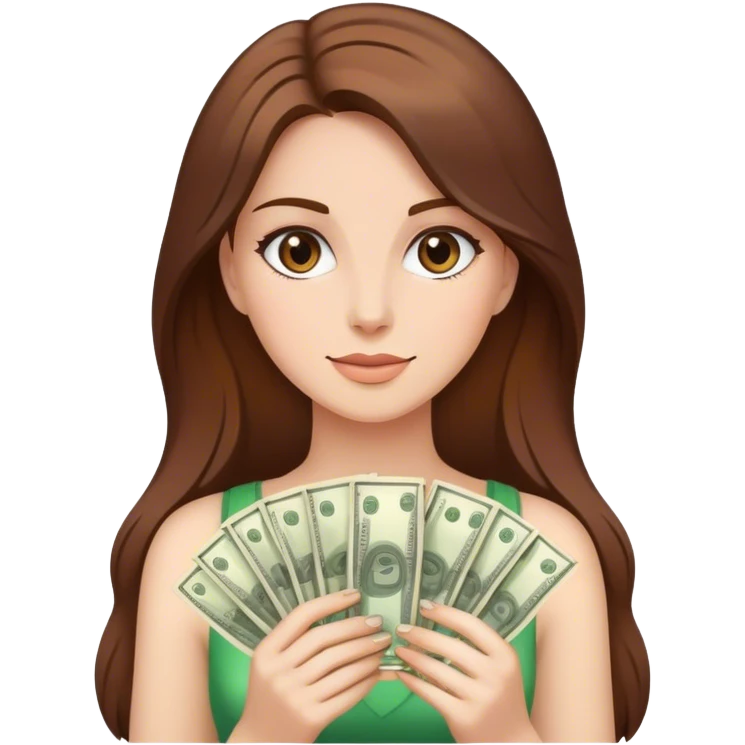 realistic portrait of brown hair woman with money emoji