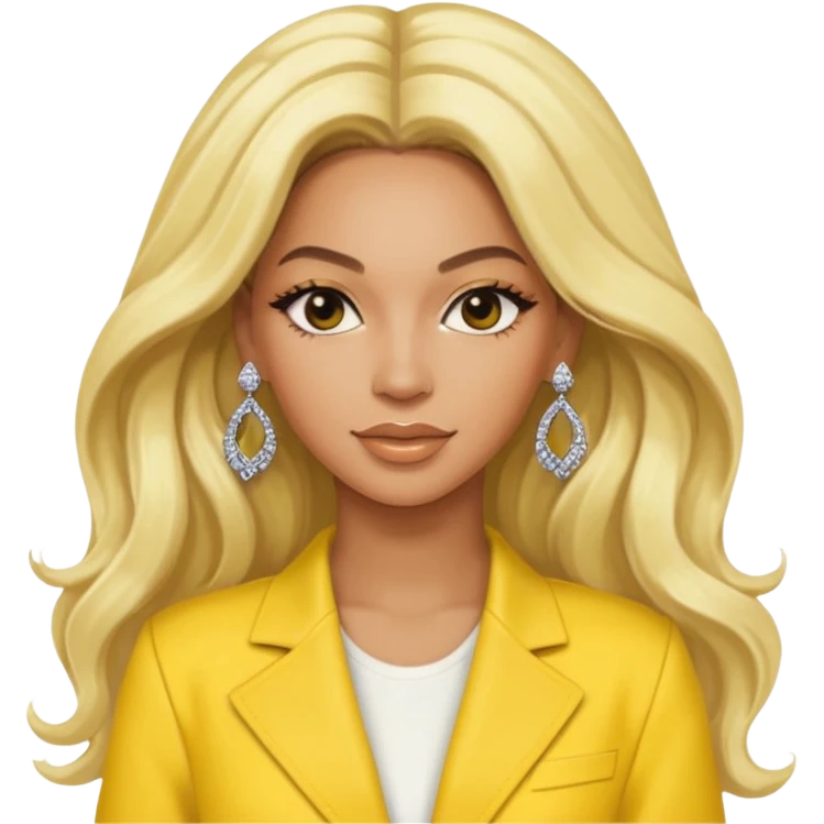 Beyonce with long platinum blonde hair, yellow outfit and earring emoji