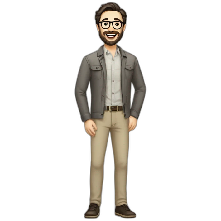 Joyful Full height Pale skinned Fit Man With dark brown hair in gray jacket, beige office shirt, Brown pants and vintage glasses. His thrumbs up. Beard. Black hair emoji