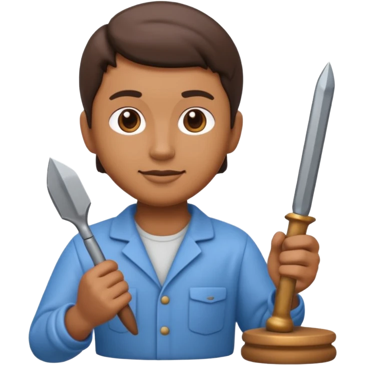 Apple Memoji-style 3D emoji of a sculptor with a small statue and chisel, smooth gradients, rounded edges, no background.during sculpting emoji