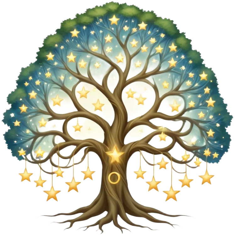 Celestial family tree with star-like portraits connected by flowing gossamer branches, ethereal ancestral connections emoji