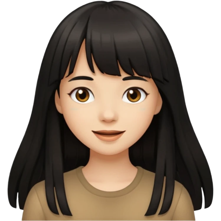 Pale brown girl with long black hair with bangs, happy emoji