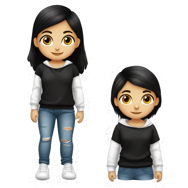 Niña pequeña de pelo corto rizado ojos cafés color de piel blanca pantalon de mezclilla ancho pullover negro y zapatillas negras  emoji