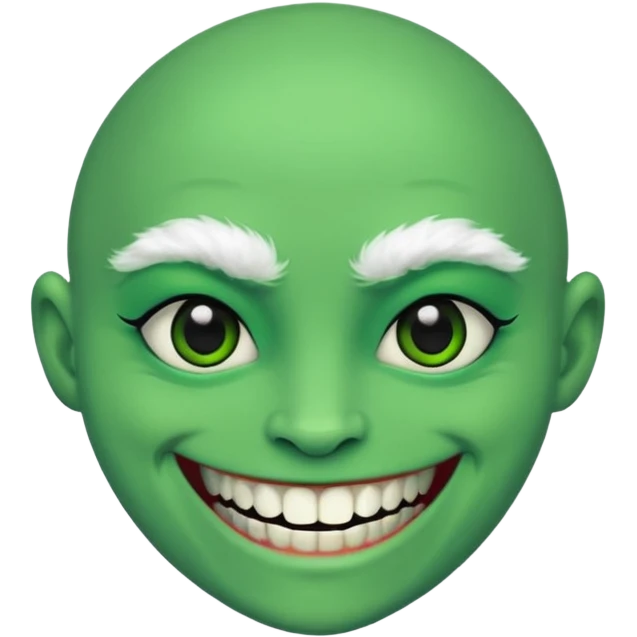 A bald person with bright green sclera and bright green teeth, grinning widely. Has fluffy black neck fur, with a fluffy black body emoji