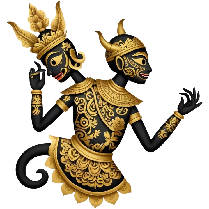 Cinematic Realistic Wayang Kulit Emoji, depicted as an intricate shadow puppet with detailed cut-out figures and traditional patterns, rendered with crisp textures and dynamic cultural lighting that captures its ancient artistry. emoji