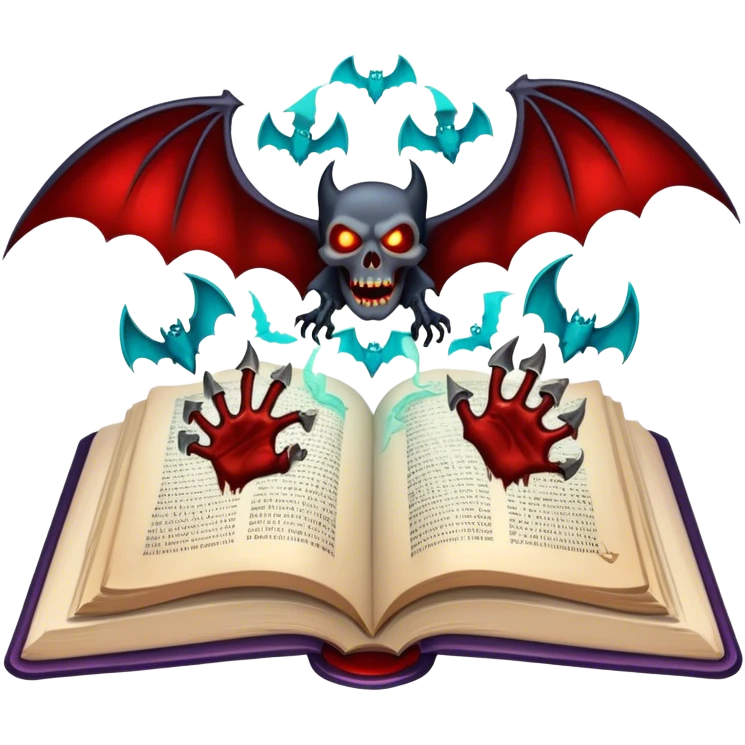 Icon for Horror & Mystery Reading: an open book with eerie glowing symbols, from which rise vampire Dracula with fangs, flying bats, a zombie hands, skulls. Surrounding elements. Transparent background. emoji