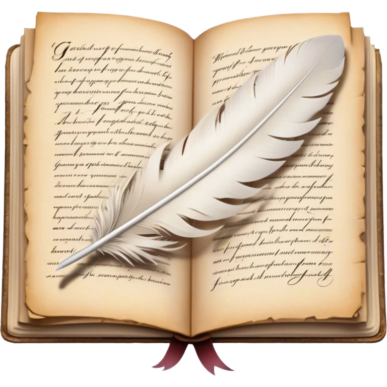 Create a poetic and elegant emoji representing poetry. The design should feature several vintage, gracefully flying pages with short, poetic columns written on them. A white feather quill should be depicted writing on one of the pages, with ink flowing smoothly. The pages should have a soft, antique look, with subtle details to convey the delicate nature of poetry. Use soft, light colors with a romantic, airy feel. Make the background transparent. emoji