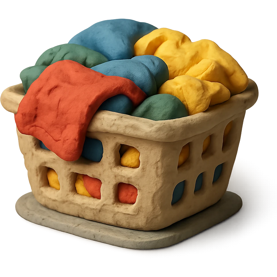 laundry basket filled with colorful clothes, visible fingerprints, soft lighting, claymation style emoji