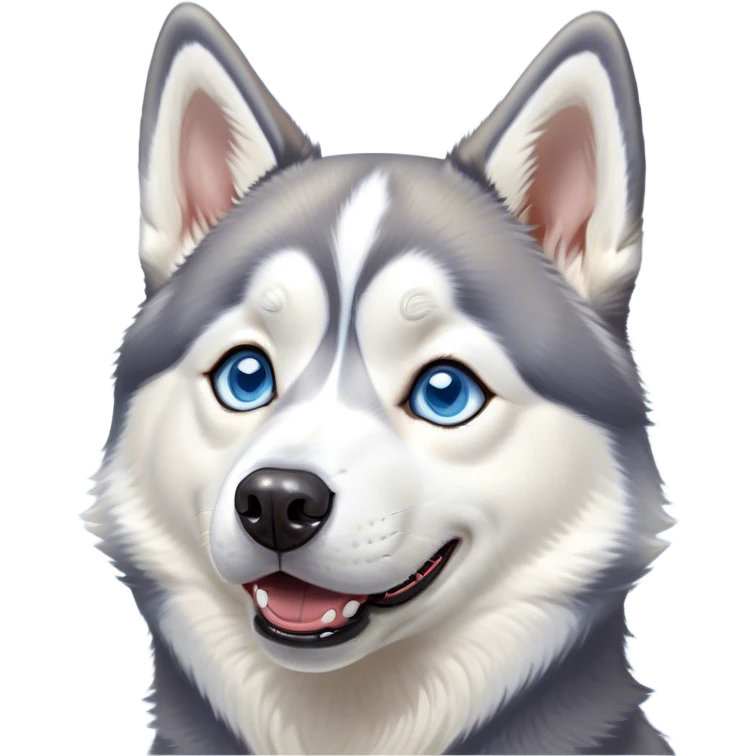 Cinematic Comical Siberian Husky Portrait Emoji, Head tilted dramatically with an exaggeratedly amused or surprised expression, featuring a striking grey and white coat with bold accents, wide, expressive icy blue eyes filled with playful disbelief, Simplified yet hilariously expressive features, highly detailed, glowing with a slightly sassy glow, high shine, dramatic yet playful, stylized with an air of cheeky mischief, bright and endearing, soft glowing outline, capturing the essence of a spirited and over-the-top companion, so meme-worthy it feels like it could side-eye its way into internet fame instantly! emoji