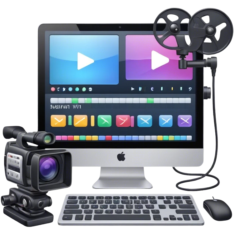 Create an emoji for video editing. Show a computer screen with a video timeline, clips, and editing tools (e.g., scissors). Add a video camera. Use modern, professional colors. Do not include any emojis or smiley faces. Make the background transparent emoji