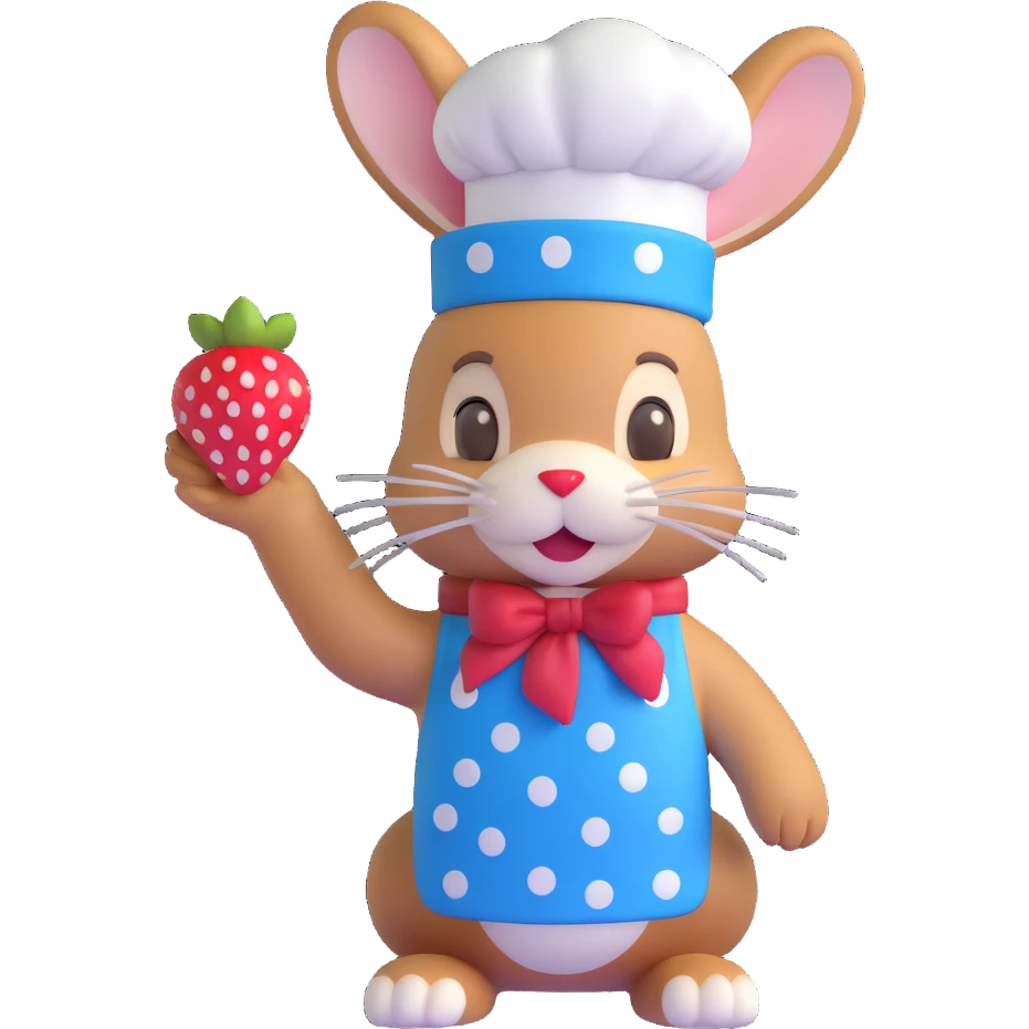 A 3D iOS 18-style bunny wearing a blue chef hat with white polka dots and a red strawberry. The bunny should have a light brown fur texture with darker brown ears and a cute, friendly expression. emoji