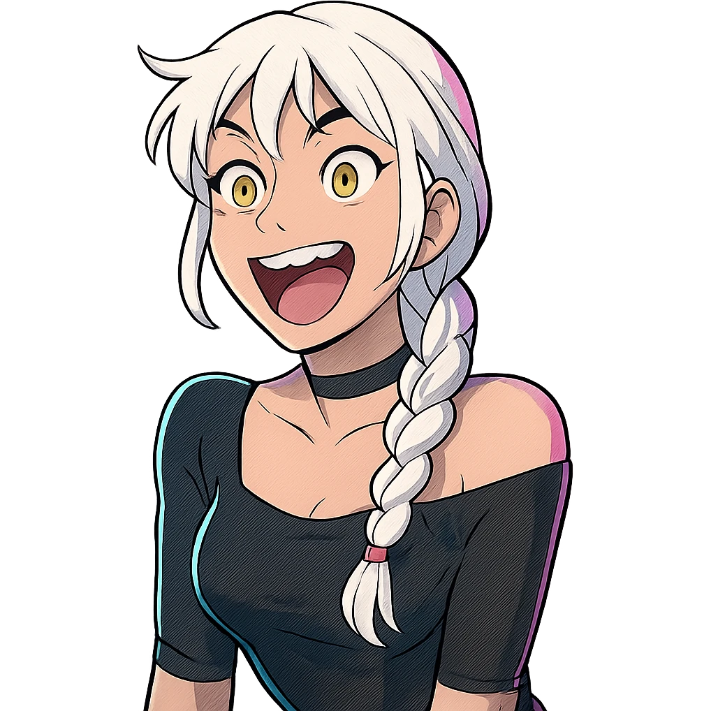 she making a emphatically happy excited facial expression, a closeup portrait of young woman with gold yellow eyes, white hair, long braid, black off-shoulder top d-cup, punk gothic style, futuristic cyberwave cyberpunk, sitting position emoji