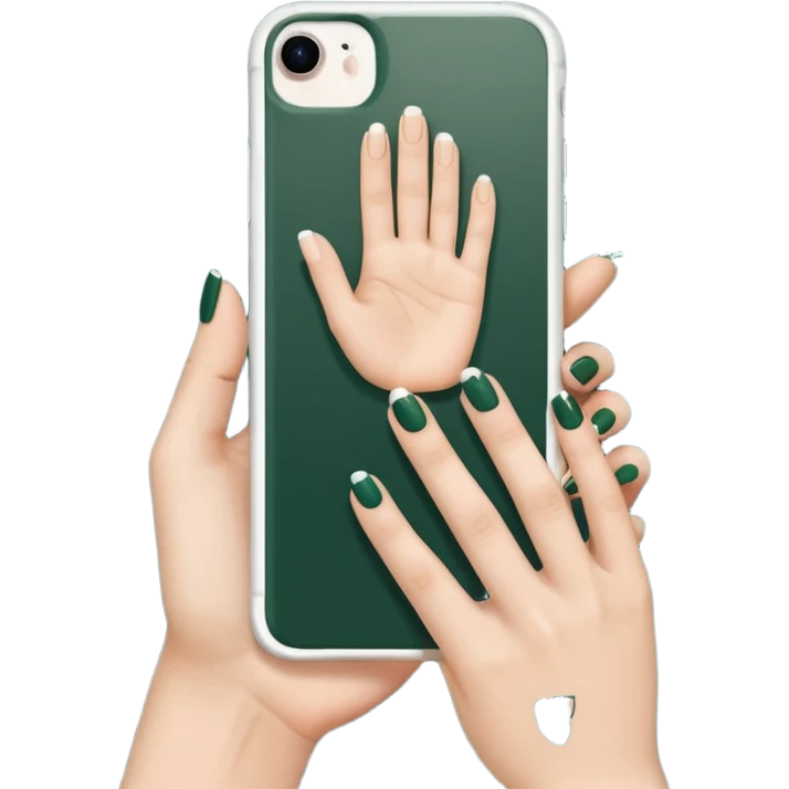 female hand with nude manicure (5 fingers) holding white iPhone in dark green case, minimalism, bottom view, emoji style emoji