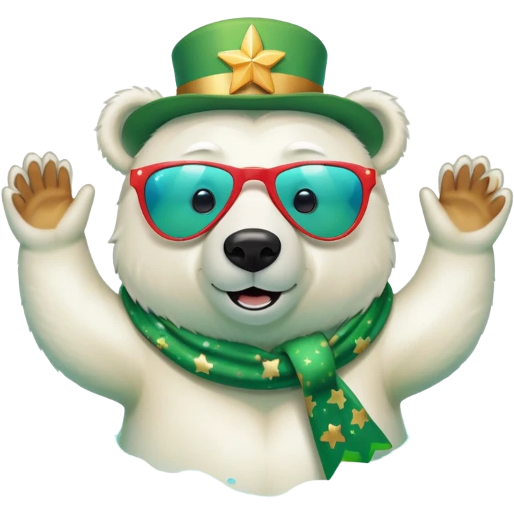 friendly anthropomorphised polar bear wearing oversized colorful star glasses and festive St. Patrick's Day outfit, swimming with joyful expression emoji