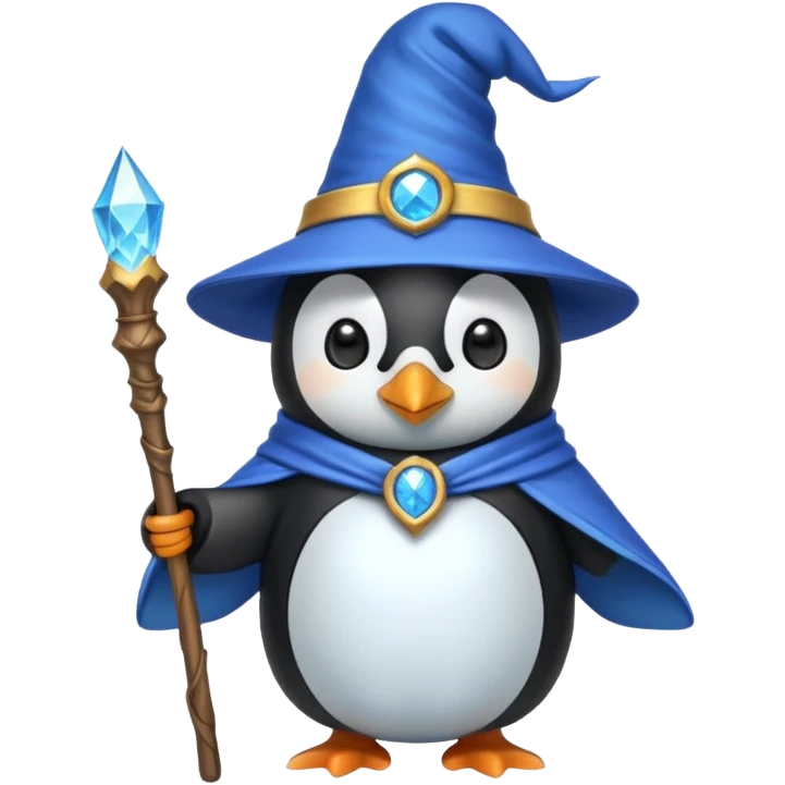 penguin wizard wearing a blue wizard hat emoji