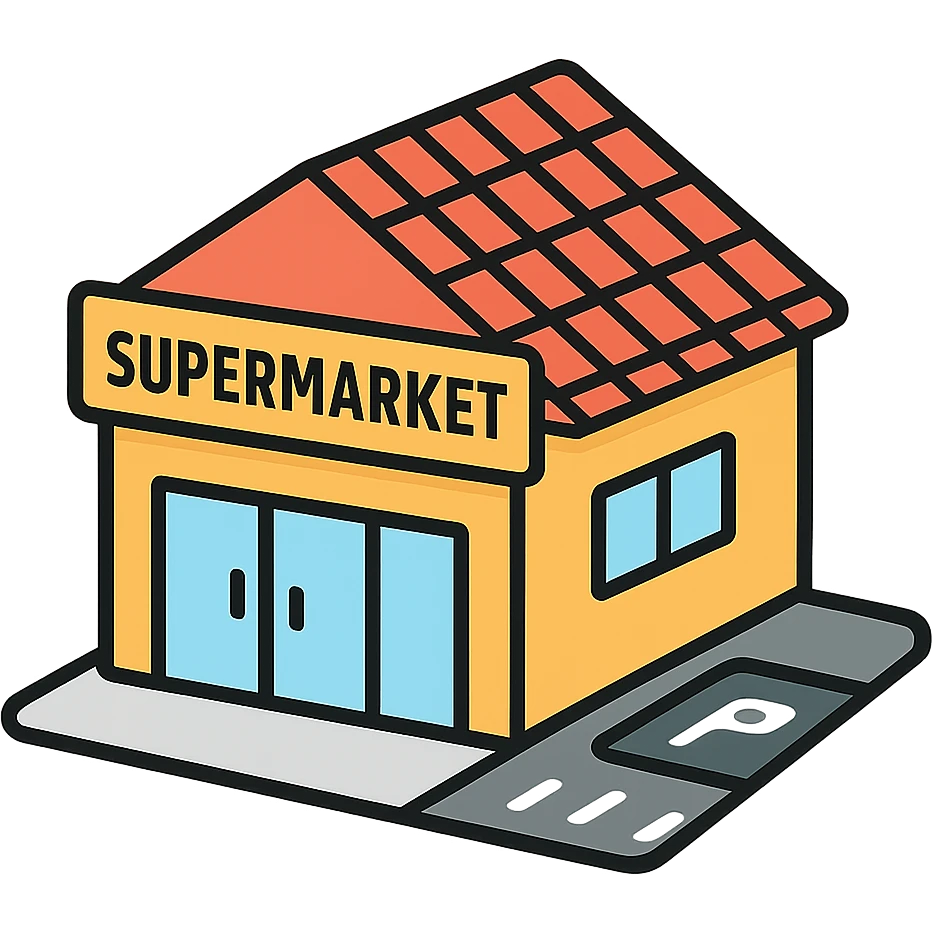isometric supermarket with red tiled roof, main entrance, and parking area emoji