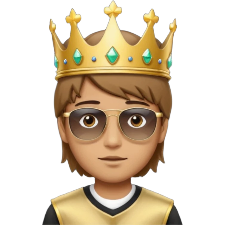 Un niño con cabello lacio no muy largo color marrón castaño,ojos marrones,piel no muy blanca, que tenga lentes de sol color negro,reloj en la mano derecha y una corona como sombrero emoji