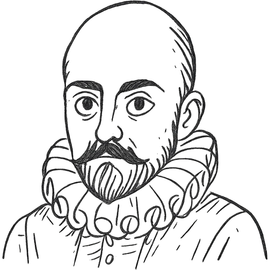 a hand drawn black outline portrait of philosopher Montaigne with similar-sized eyes based a famous portrait of him emoji