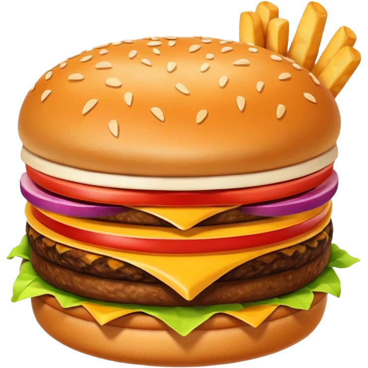 A clean and simple icon of fast food in emoji-style illustration. A burger with fries, naggets and shaverma, bright and bold colors, simple shapes, flat design, high contrast, inviting and appetizing. emoji