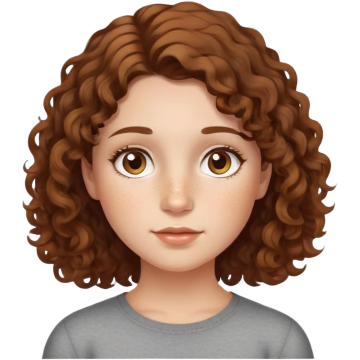 Curly chin length brown hair, freckles on face, hazel eyes, small nose, middle part, round face, girl  emoji