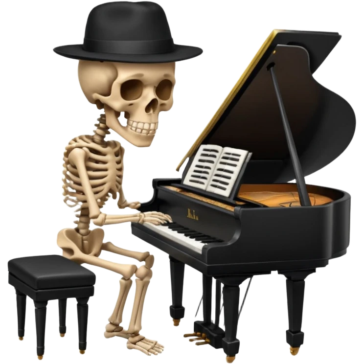a human skeleton in anatomical proportion wears a black hat and plays the piano emoji