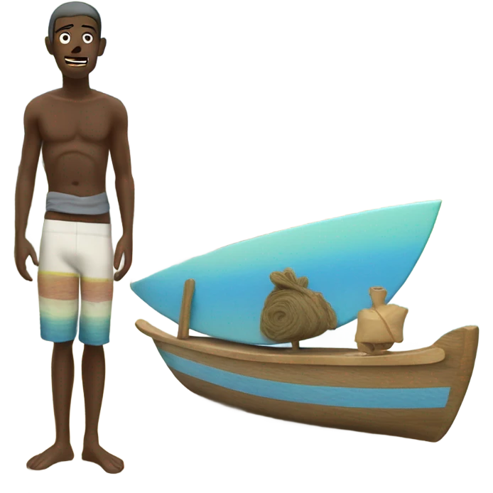 Surfer in front of a boat called indies trader emoji