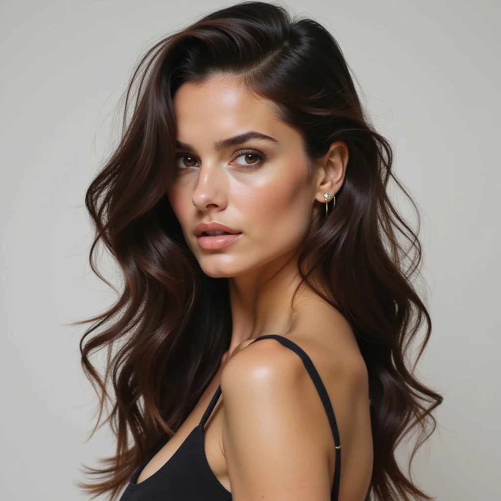 realistic portrait of a girl resembling Adriana Lima, photorealistic style, neutral background, confident look emoji