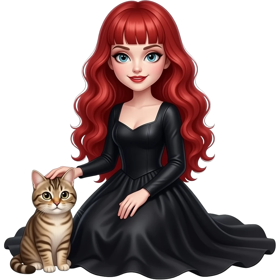 Vampiro femmina con pelle bianca capelli lunghi  rossi ondulati e la frangetta che indossa una vestito stretto in vita e largo sotto nero con maniche lunghe seduta che sa accarezzando un gattino emoji