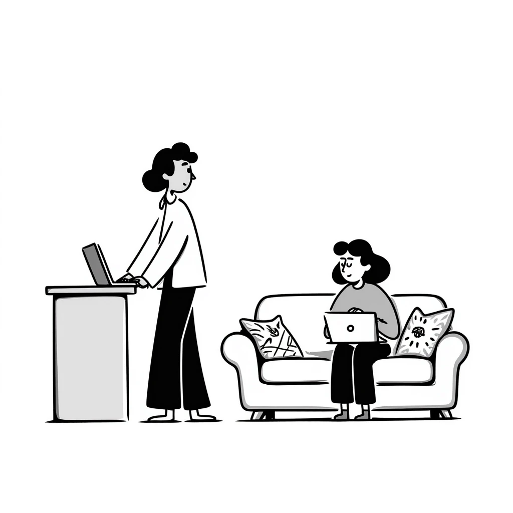 escenary 3d of a cozy mid-century living room with two people working on laptops, one man standing at a desk and one woman sitting on a couch, two walls and floor visible emoji