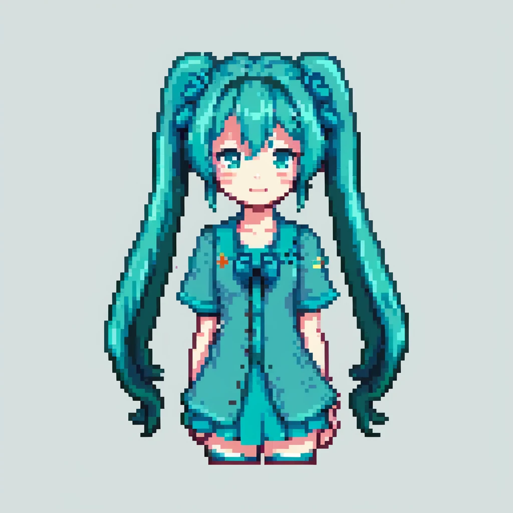Hatsune Miku with teal twin-tails, anime character in pixel art style emoji