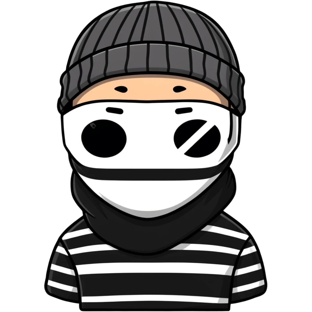 character with black and white striped shirt, black beanie, black mask over eyes emoji