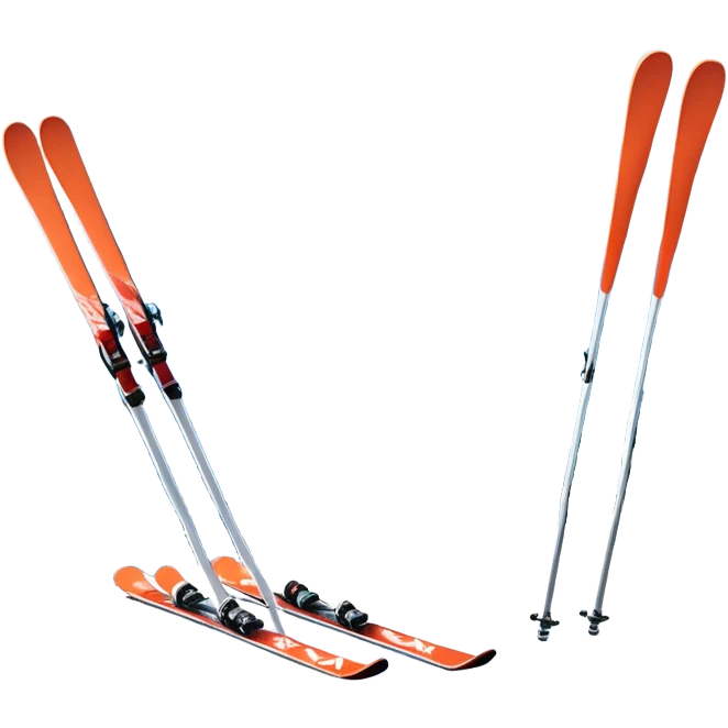 An icon featuring a pair of skis and ski poles in the foreground, set against a picturesque snow-covered slope. The background includes snowy peaks and evergreen trees, symbolizing the excitement and beauty of winter sports. Transparent background highlights the thrill of skiing and snowboarding. emoji