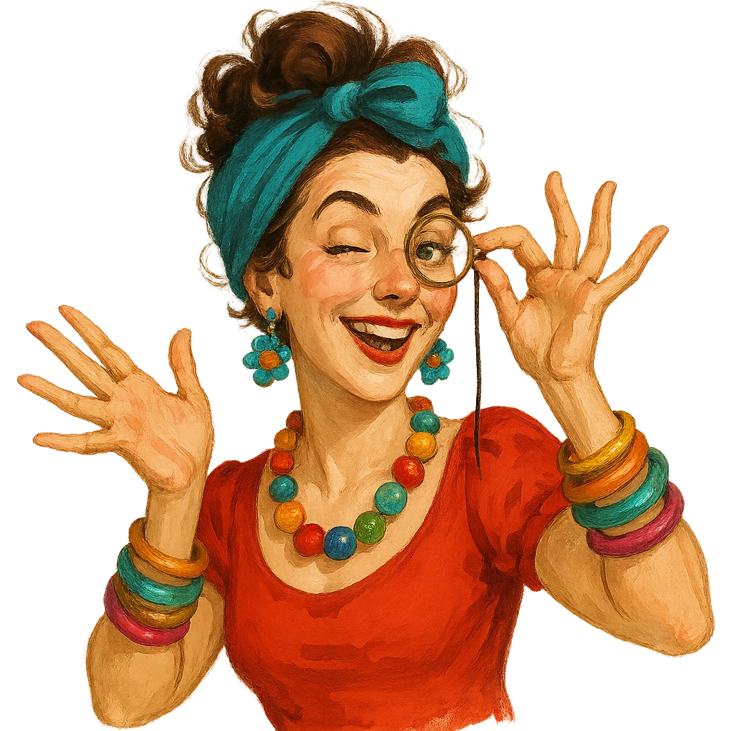a whimsical woman with a monocle, playful pose, colorful accessories, portrait, no background emoji