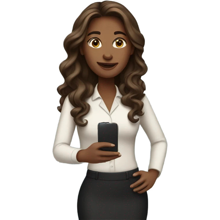 business woman with long wavy brown hair and iphone emoji