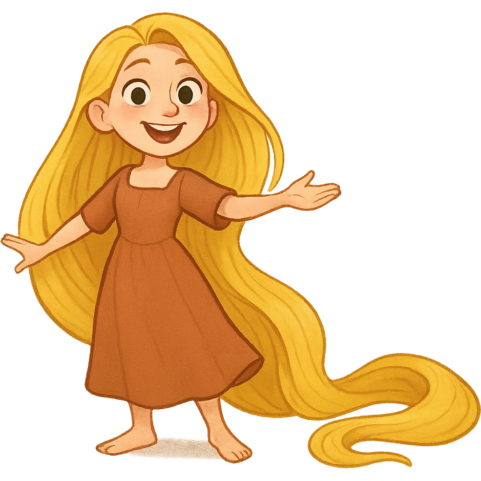 a girl with very long golden hair inspired by Rapunzel, wearing a simple dress, cheerful expression emoji