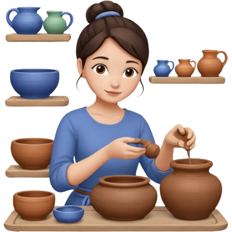 Brunette girl, bun, doing pottery, pottery wheel emoji