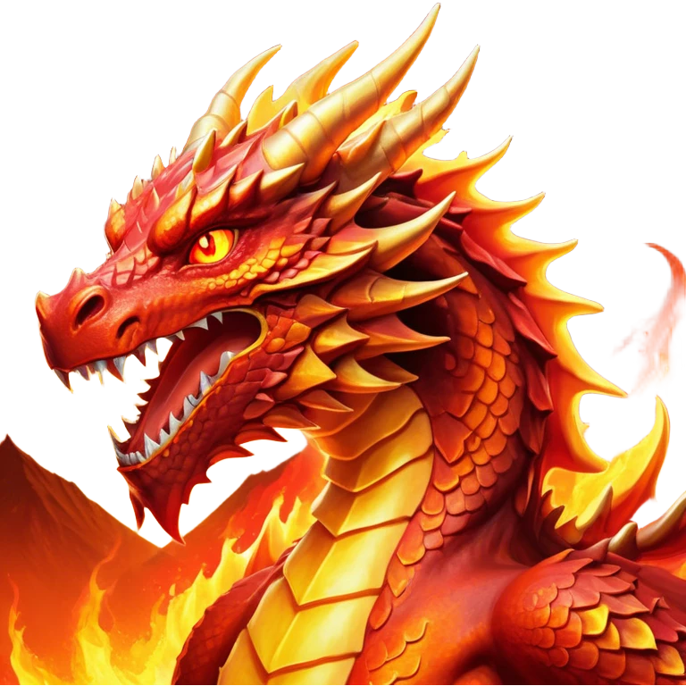Cinematic Noble Fierce Fire Dragon Portrait Emoji, Poised and imposing, with a muscular, scaled body ablaze in fiery hues of crimson, molten orange, and molten gold, and intense, burning eyes that mirror the heart of a volcano; rendered with lifelike texture and dynamic natural highlights, high shine, formidable and intense, styled with an aura of scorching mythic power, focused and resolute, soft glowing outline, capturing the essence of a legendary inferno poised to ignite the screen with timeless ferocity! emoji