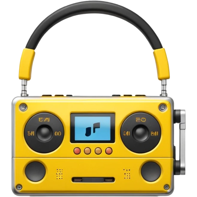 3D render of Walkman, vintage 1980s audio equipment aesthetic, tactile analog buttons, bright sports yellow plastic case with black foam headphones, mixed wood grain and brushed aluminum textures, Apple emoji style, isolated on white background --v 6.0 emoji